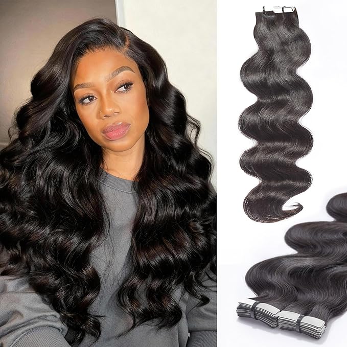 LUVME Tape in Hair Extensions Human Hair 14 Inch 110g 50pcs Body Wave Natural Black Double Sided Invisible Tape Extensions