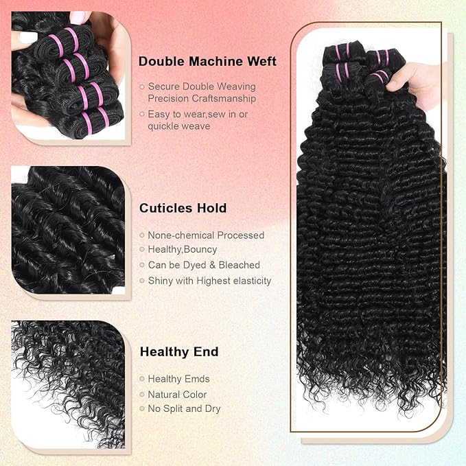 15A Raw Indian Human Hair Bundles Deep Wave Bundles Human Hair,Triple Lifespan Virgin Remy Hair,No Tangle Shedding,Keep Texture Silky Soft After Multiple Washes (4 Bundles Deep wave, 22 24 26 28)