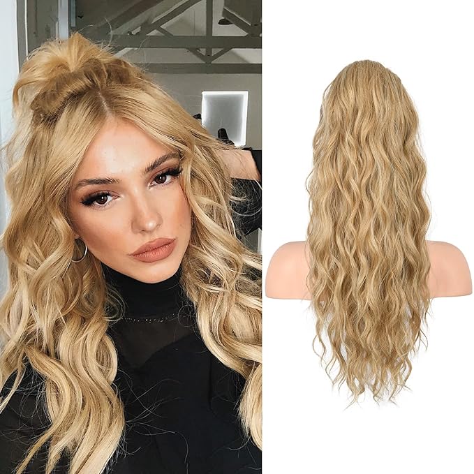 FLUFYMOOZ Ponytail Extension, 22 Inch Drawstring Ponytail Hair Extensions for Women， Long Curly Wavy Ponytail Natural Synthetic Hairpiece for Women (22" Golden Blonde with Highlights)