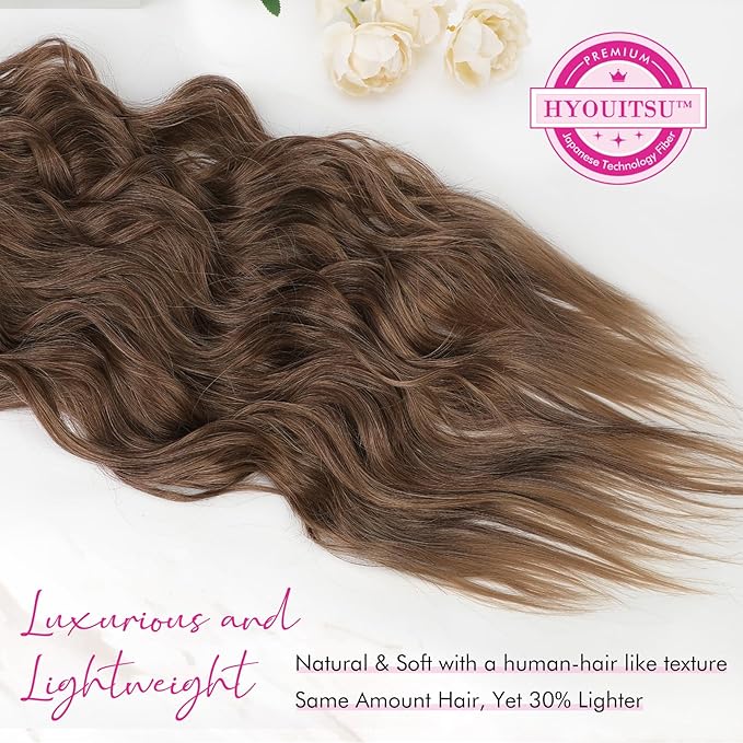 REECHO Clip in Hair Extensions, 4PCS Blonde Hair Extensions 24" Thick Long Beach Waves hair extensions HE003 Invisible Lace Weft Natural Soft Hairpieces for Women – Medium Brown