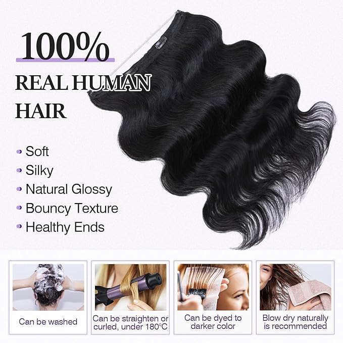 Halo Hair Extensions Real Human Hair,Halo Hair Extension 100% Human Hair,Wire Hair Extensions,Wavy 01 Jet Black 65g/16inch