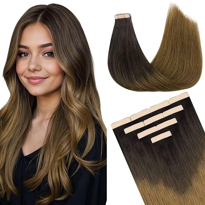 DOORES Tape in Hair Extensions Human Hair, Chocolate Dip Color Melt 10 Inch 20g 10pcs, Human Hair Extensions Natural Hair Extensions Seamless Straight
