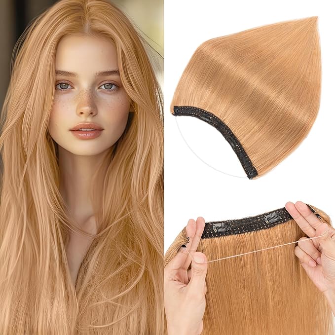 Halo Hair Extensions Real Human Hair,Halo Hair Extension 100% Human Hair,Wire Hair Extensions,Thicker 27 Dark Blonde 16inch/80g