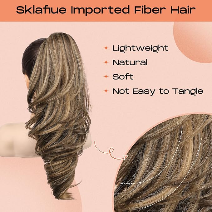 SEIKEA Ponytail Extension, 18" Wavy Claw Clip in Hair Extensions for Women, Lightweight Fluffy Synthetic Ponytail Hairpiece, Natural Soft & Easy to Wear, for Short & Medium Hair Choco-Brown/Highlight