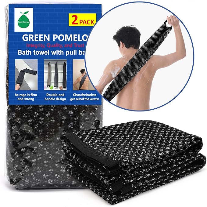 Japanese Exfoliating Loofah Back Scrubber - Shower Bath Towel for Men & Women (2 Pack Black, 33.4" x 11.8")