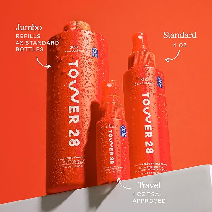 Tower 28 SOS Daily Rescue Facial Spray for Sensitive Skin, Hypochlorous Acid Spray Helps Reduce Redness and Breakouts, Full Size Toner for Face, 4 FL Oz