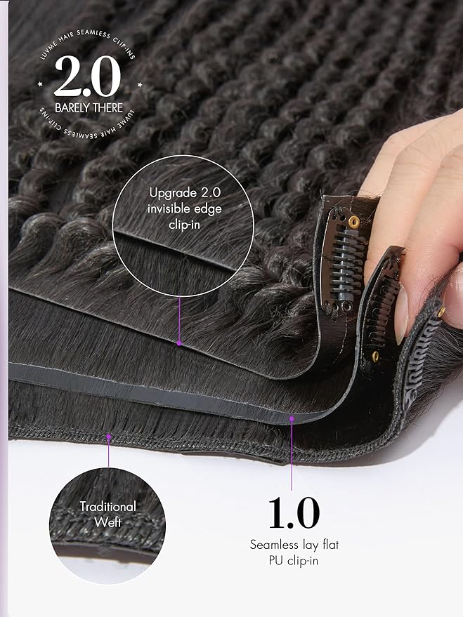 LUVME Invisible Clip ins Hair Extensions Deep Kinky Curly Real Human Hair Remy Hair Clip ins for Women, Natural Human Hair, 18 inch 110g 6Pcs, Natural Black