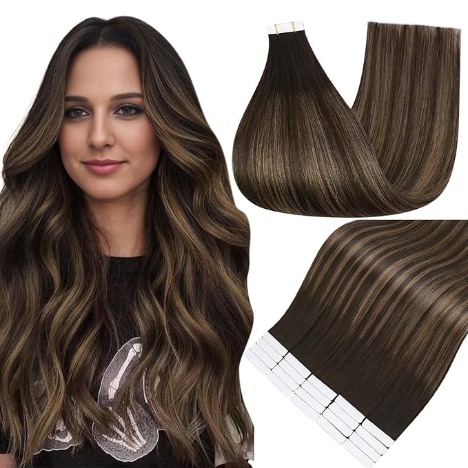 Full Shine Human Hair Tape ins Human Hair Extensions Brown Ombre with Shadow Roots 2/8/2 Tape in Extensions 14 Inch Hair Extensions Tape in Human Hair 50g 20pcs Seamless Extensions