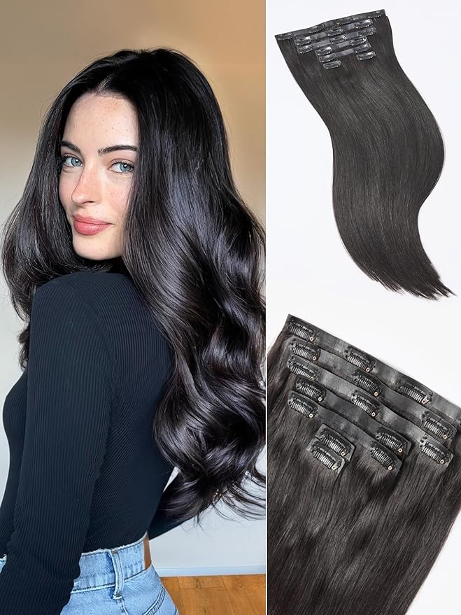 LUVME 2 Pack Straight Seamless 220g 14Pcs Clip in Hair Extensions Full Max with 16inch Remy Human Hair Extensions, Natural Black 100% Real Soft Human Hair Extension