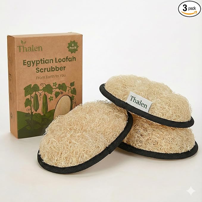 Thalen Natural Loofah Exfoliating Scrubber Body and Face - 3-Pack | Plastic-Free Loofah, No PFAS, Bath Sponge for Women, Shower Scrubber Exfoliator, Face Scrubber for Smooth Skin - Black Obsidian