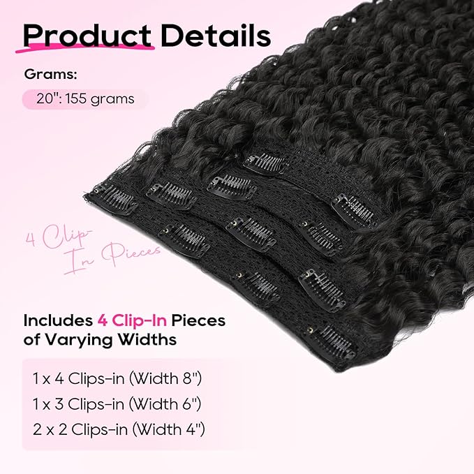 REECHO Hair Extensions - 4PCS 20" Water Wave Clip in Hair Extensions 100% Super Protein Silky Soft Natural Look with Invisible Lace Weft Hairpieces for Women - Jet Black