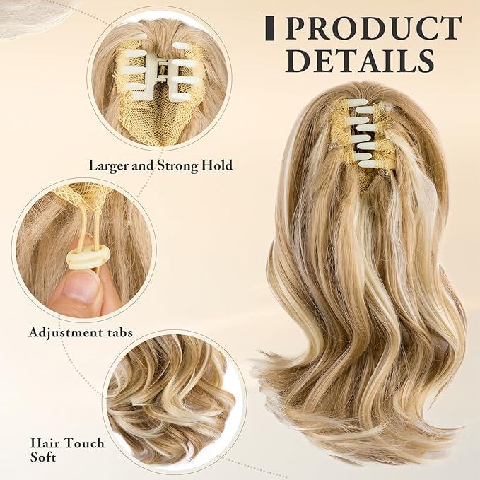 Ponytail Extension, 12 Inch Claw Clip in Ponytail Extension Curly Wavy Pony Tails Hair Extensions Synthetic Clip on Pony Tails Hairpiece for Women-Medium Blonde with Blonde Highlights25