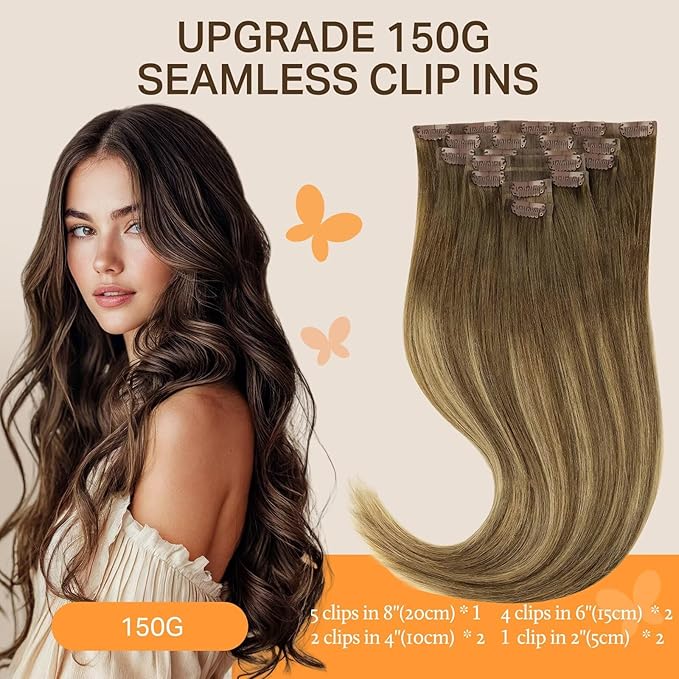 DOORES Seamless Clip-in Hair Extensions, Medium Brown Highlighted Dirty Blonde, 24 Inch, 160g, 7pcs, Real Human Hair, Straight, Remy, Thick, Invisi Edge