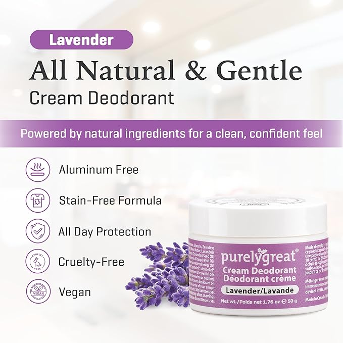 Purelygreat - Lavender Scented Cream Deodorant, Chemical-Free Hygiene Essentials for Women, Natural Deodorant for Men with Soda & Corn Starch, No Sticky Residue, Parabens & BPA, 1.76 oz / 50 g
