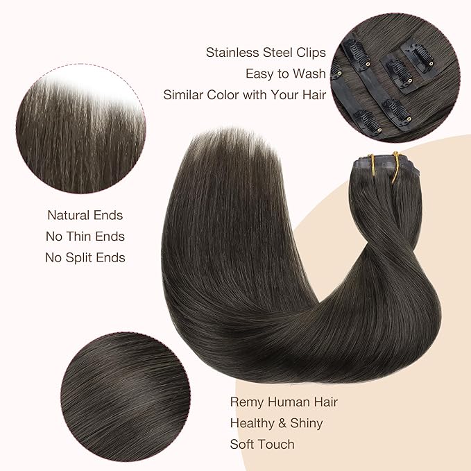 GOO GOO Clip in Hair Extensions Real Human Hair, Remy Human Hair Extensions Clip ins for Women, Natural Human Hair, 24inch 120g 7Pcs, 1C Mocha Brown