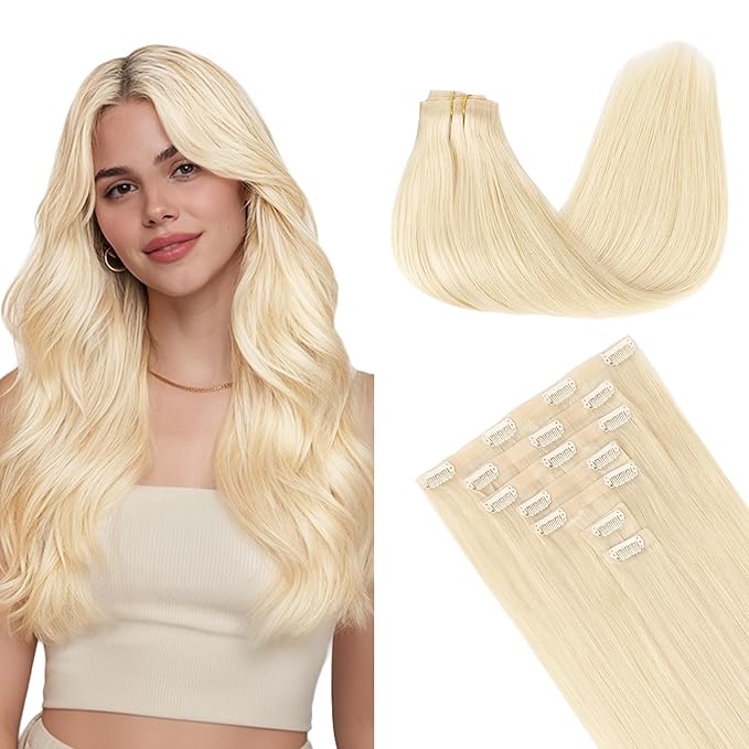 GOO GOO Clip in Hair Extensions Real Human Hair, Remy Human Hair Extensions Clip ins for Women, Natural Human Hair, 16inch 130g 7Pcs, 613R Bleach Blonde