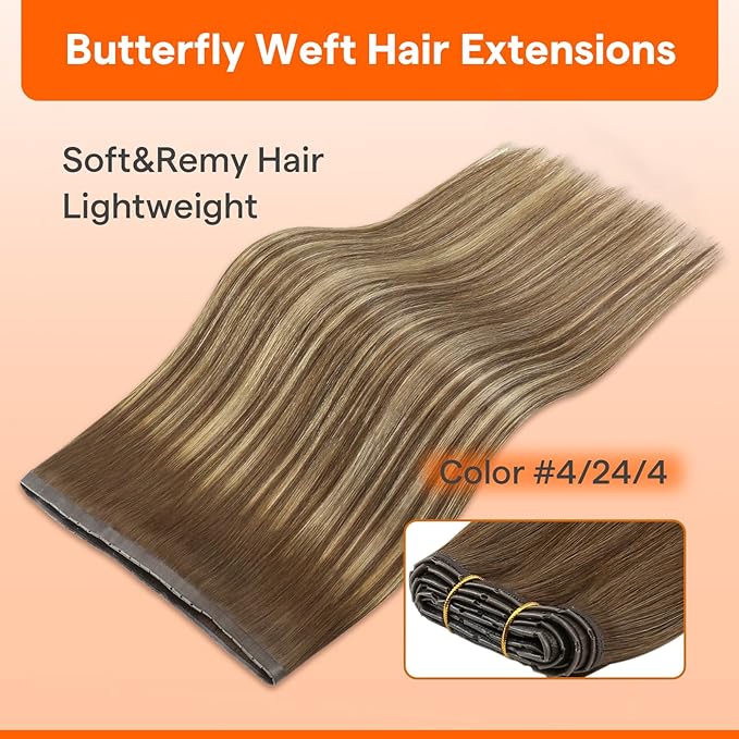 Full Shine Butterfly Hair Extensions ovo weft hair for women Invisible Pu Hole Weft Extensions Color Medium Brown To Honey Blonde Genius Weft 22 Inch Add Length 100G