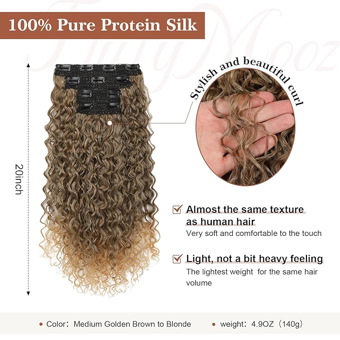 Clip in Hair Extensions, FLUFYMOOZ 4PC 100％ Pure Protein Silk Hair Extensions Long Soft Natural Hairpiece 20 Inch Curly Hair Extension for Women (Medium Golden Brown to Blonde)