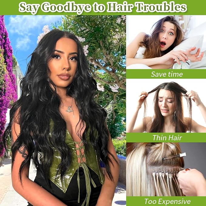 KooKaStyle Invisible Wire Hair Extensions with Transparent Headband Adjustable Size 4 Secure Clips Black Long Wavy Hairpiece 20 Inch for Women