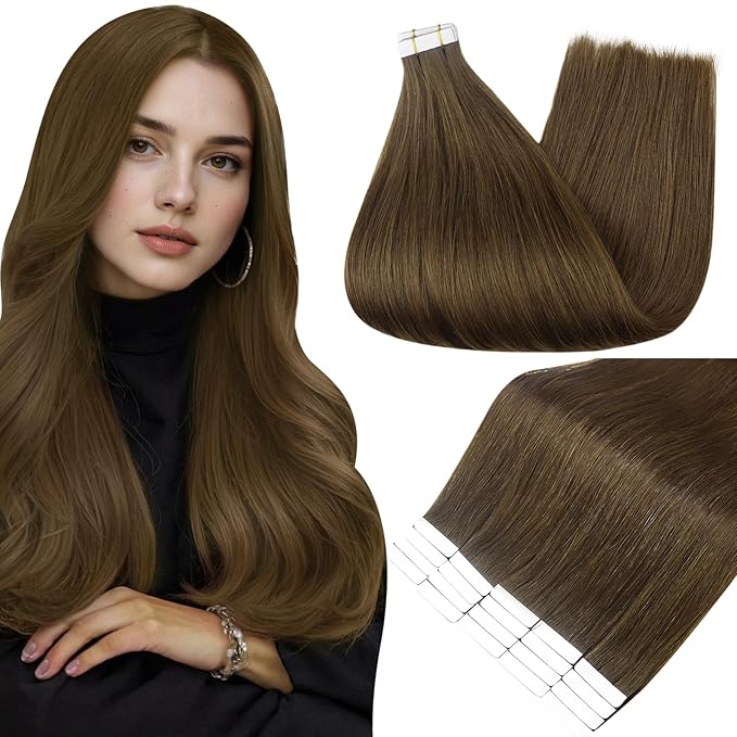 Full Shine Tape in Hair Extensions Human Hair Color 4 Brown 22 Inch Natural Straight Double Sided Human Hair Tape in Extensions 50G Invisible Seamless Soft and Silky 20PCS for Women