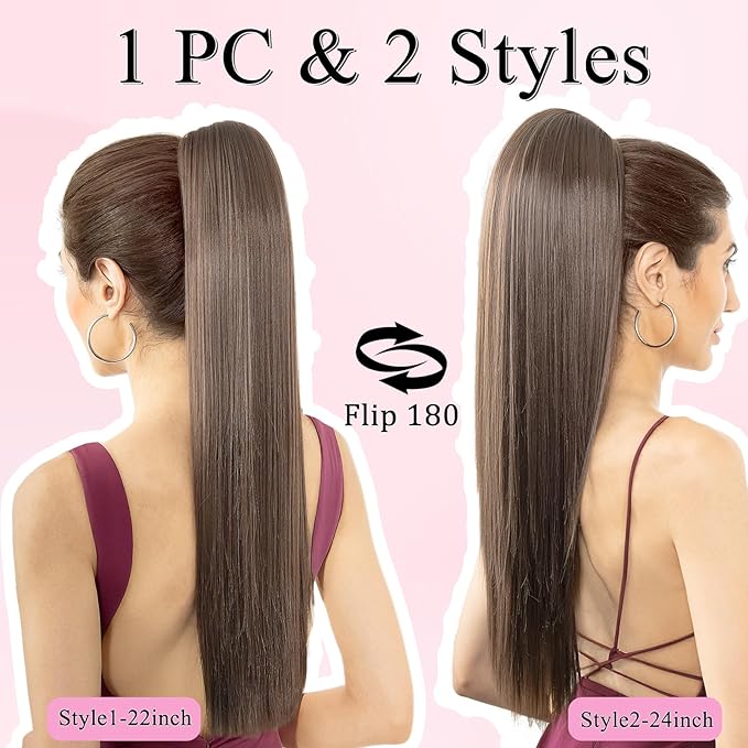 Ponytail Extension, 24" Long Straight Claw Clip Ponytail Extension clip on ponytails hair clip Hair claw clip Fake Ponytail Hairpieces for Women - Medium Brown