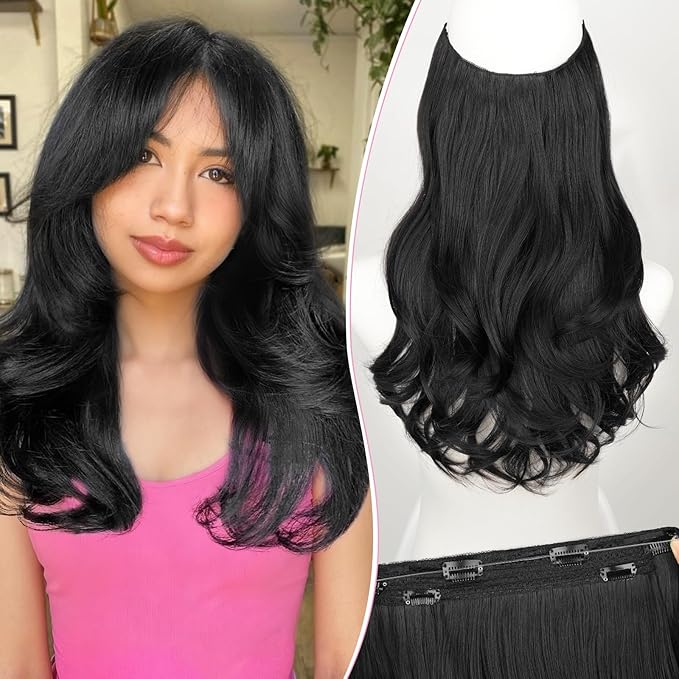 Invisible Wire Hair Extensions with Transparent Wire Adjustable Size 4 Secure Clips Long Wavy Secret Hairpiece 16 Inch for Women(Black)