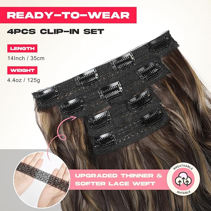 Hair Extensions, 14" Short Clip in Hair Extensions 4PCS Beach Wave Blonde Natural Soft Synthetic Hairpiece for Women - Dark Brown with Highlights