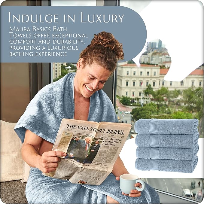 MAURA Basics Performance Bath Towels 100% Turkish Cotton with Hook Loops. Extra Large Luxury Absorbent Plush Towel Sets for Bathroom, Daily Use American Standard Size 27”x54”, Blue Gray