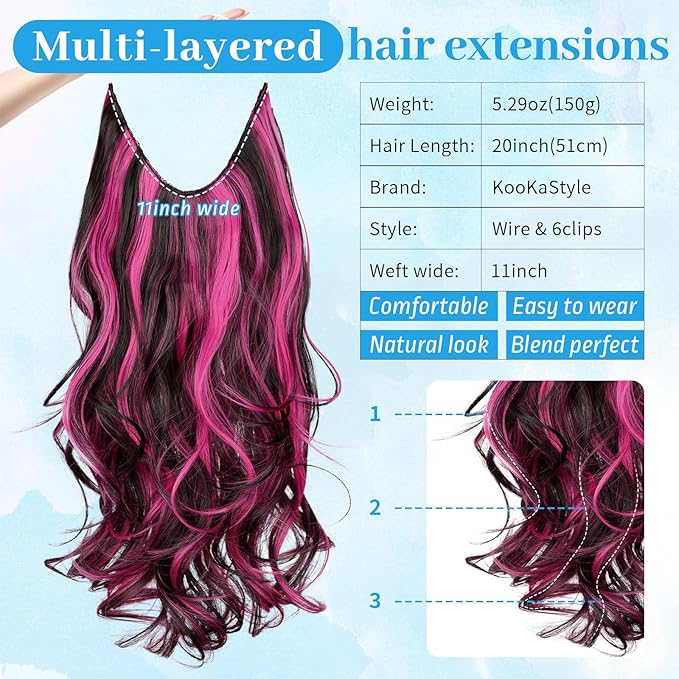 KooKaStyle Invisible Wire Hair Extensions 20"Long Wavy Layered Synthetic Clip in with Transparent Wire Adjustable Size 6 Secure Clips Black and Hot Pink Thick Hairpieces for Women 20 Inch