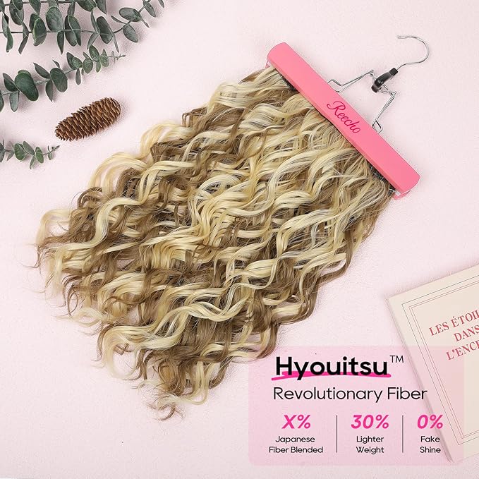 REECHO Curly Hair Extensions, 4PCS 16 inch Clip in Hair Extensions Lace Weft Short Curly Extension Clip Ins Invisible Natural Hairpieces for Women, Dark Ash Brown with Highlights
