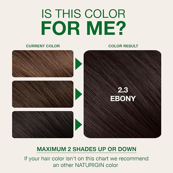 Naturigin Permanent Hair Color, 2.3 Ebony Black, Ammonia Free, 100% Gray Coverage, Nourishing Natural Formula, For All Hair Types, Long-Lasting, Vegan & Cruelty-Free, 1 Pack