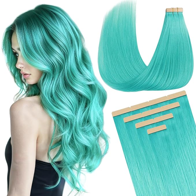 DOORES Human Hair Extensions Tape in, Teal Green Remy Hair Extensions, Real Natural Straight Hair, 30g 10pcs 20 Inch
