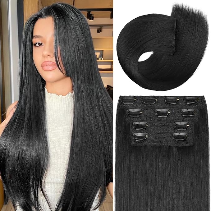 Clip in Synthetic Hair Extensions Black Long Straight 4PCS Thick Hairpieces Fiber Double Weft Natural Hair Extensions 22 Inch for Women