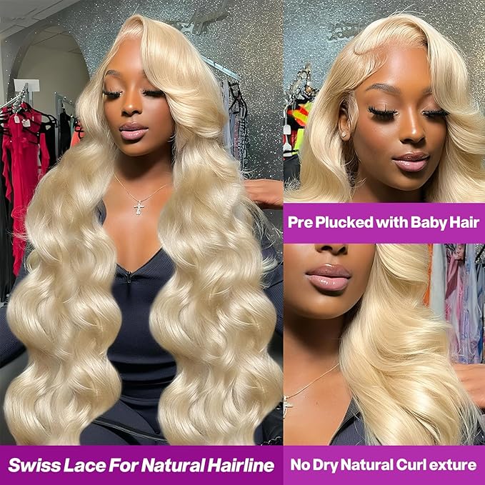 613 13x6 Lace Front Wig Human Hair Body Wave Blonde Wig Human Hair HD Transparent Lace Frontal Wigs for Women 200 Density Glueless Wigs Pre Plucked With Baby Hair 34 Inch