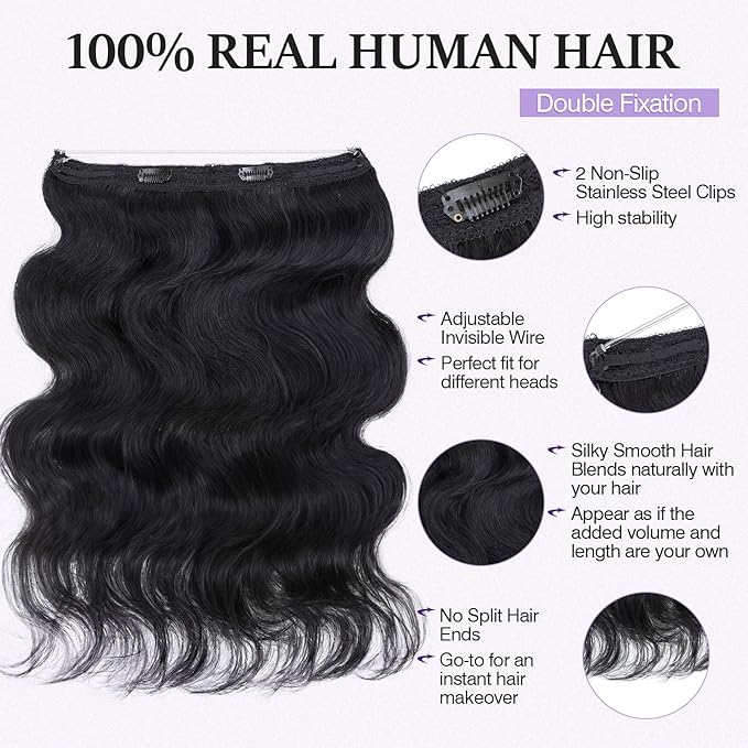 Halo Hair Extensions Real Human Hair,Halo Hair Extension 100% Human Hair,Wire Hair Extensions,Wavy 01 Jet Black 65g/18inch