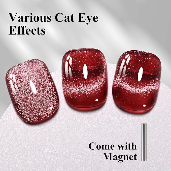 10ml Hema Free Red Cat Eye Gel Nail Polish Soak Off Long Lasting Holographic UV/LED with Magnetic Stick Gift for Women 1Pcs