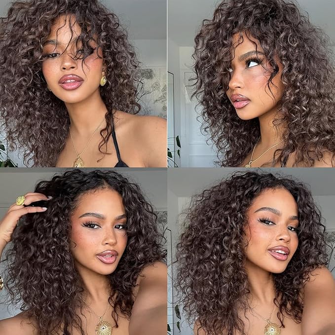 Brown Curly Clip In Extension Human Hair 14 Inch Brown Kinky Curly Clip in Hair Extensions Real Human Hair Brazilian Remy Human Hair Extensions for Women Per Set with 20 Clips Double Weft 8Pcs 110g