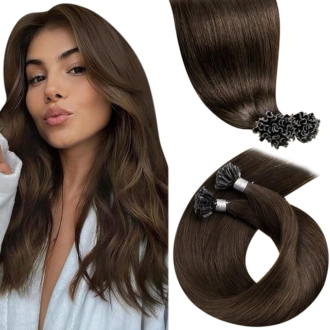 LaaVoo U Tip Hair Extensiosn Human Hair Brown K Tip Hair Extensions Real Human Hair Medium Brown K Tips Hair Extensions Hot Fusion 50g 50s 14 Inch