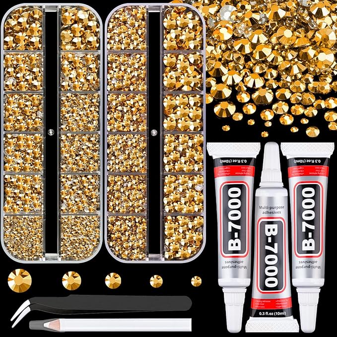 Resin Rhinestones for Crafting with B7000 Jewelry Glue, 2 Boxes Gold Flatback Crystals with 3Pcs 10ml Glue for Bedazzling Crafts DIY Nail Art Makeup，Non Hotfix Gems for Clothing Shoes