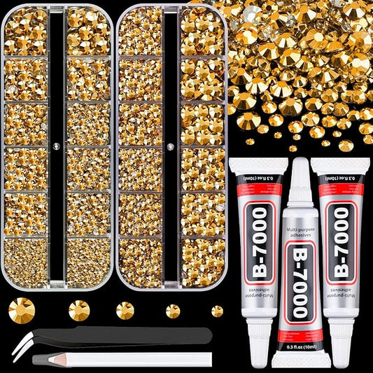 Resin Rhinestones for Crafting with B7000 Jewelry Glue, 2 Boxes Gold Flatback Crystals with 3Pcs 10ml Glue for Bedazzling Crafts DIY Nail Art Makeup，Non Hotfix Gems for Clothing Shoes