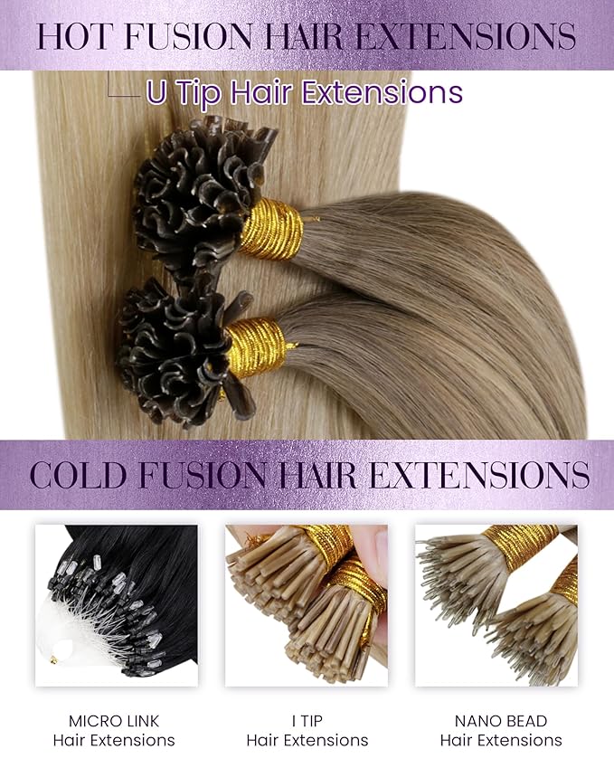LaaVoo U Tip Hair Extensions Human Hair Light Brown to Ash Blonde Mix Platinum Blonde Ktip Hair Extension Real Human Hair Hot Fusion Blonde Ombre K Tip Hair Extensions 18 inch 50g/50s