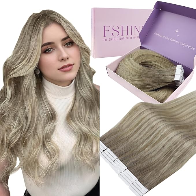 Fshine Tape In Hair Extensions 16 Inch Ash Blonde And Platinum Blonde Balayage Tape in Real Human Hair Extensions Skin Weft, Great for Professionals & Office Women 20 pcs 50 g