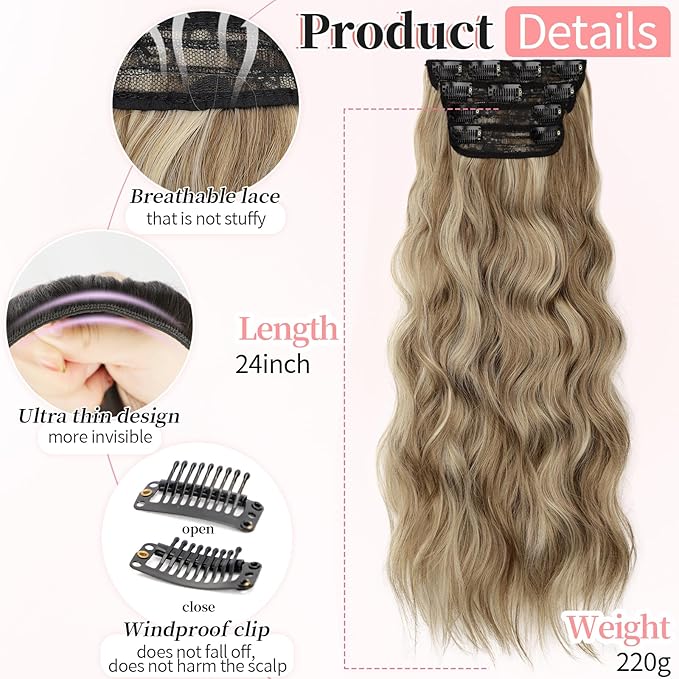 KooKaStyle Clip in Hair Extensions Long Wavy 4PCS Thick Hairpieces Synthetic Ash Blonde Balayage Fiber Double Weft Natural Hair Extensions for Women 24 Inch Daily Use