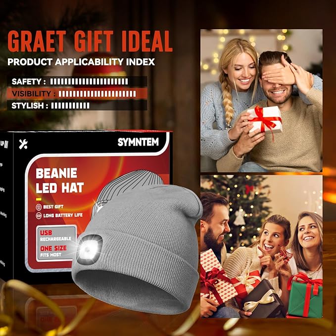 Unisex Beanie Hat with Light, Rechargeable Headlight Cap, Stocking Stuffers for Men, Cool Gadget Gifts for Him, Birthday Gifts for Women, Grey
