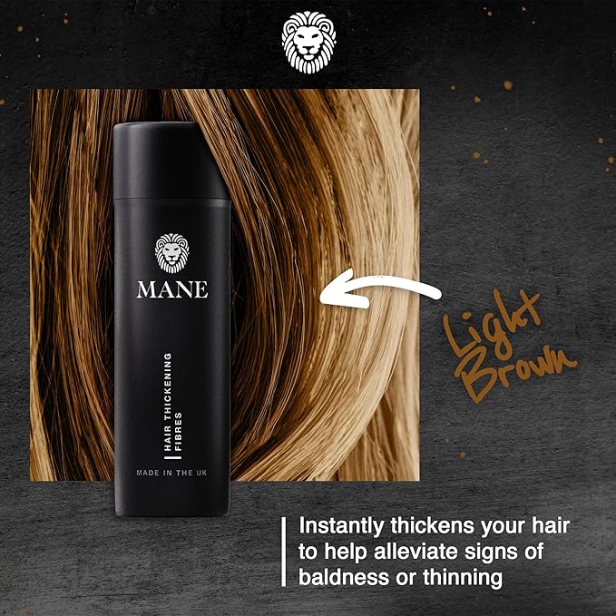 Mane Hair Building Fibers for Women & Men, for Fine & Thinning Hair, Thicker Fuller Looking Hairstyle, Conceal Bald Spots - Light Brown