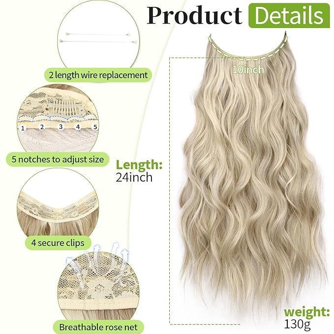 KooKaStyle Invisible Wire Hair Extensions with Transparent Headband Adjustable Size 4 Secure Clips Long Wavy Secret Wire Hairpiece Light Brown mix Platinum Blonde 24 Inch for Women