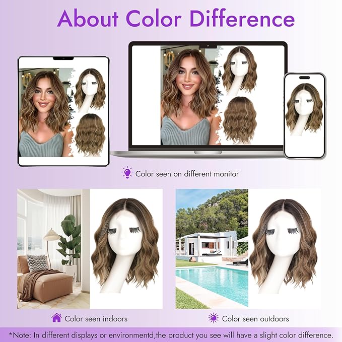 Ombre Light Brown With Blonde Short Wavy Wig for Women Lace Hairline Bob Style Synthetic Heat Resistant - Natural Appearance for Everyday Hairstyle 14 Inch