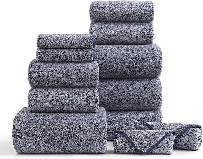 Ultra Soft Bath Towel Set,12 Piece (4 Bath Towels,4 Hand Towels,4 Washcloths) Family Bathroom Towel Set with Hanging Loops,Quick Dry Extra Absorbent Fluffy Shower Towel for Bathroom,Hotel,Spa-Navy