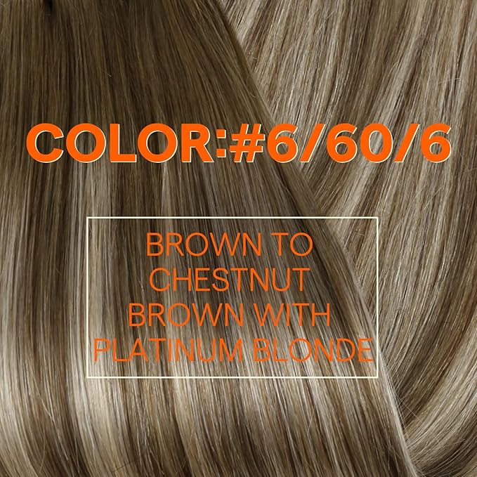 Full Shine Sew In Hair Extensions 22 Inch Human Hair Weft Extensions Balayage Hair Extensions Sew In Color #6/60/6 Chestnut Brown Mix Platinum Blonde Double Weft Extensions Soft Hair 22 Inch