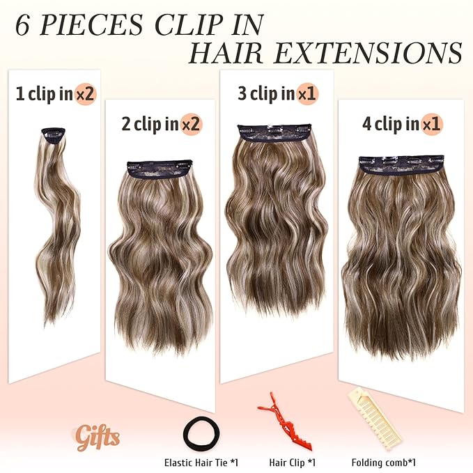 NAYOO Clip in Hair Extensions for Women 14 Inch Short Wavy Curly Medium Brown Ash Blonde Hairpieces Full Head Synthetic Hair Hairpieces (6PCS, Medium Brown Ash Blonde)